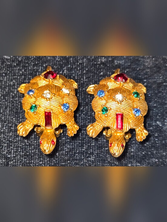 Jewelry - ‼️SOLD‼️Vintage Golden Turtle Clip-On Earrings With Multi Colored Rhinestones